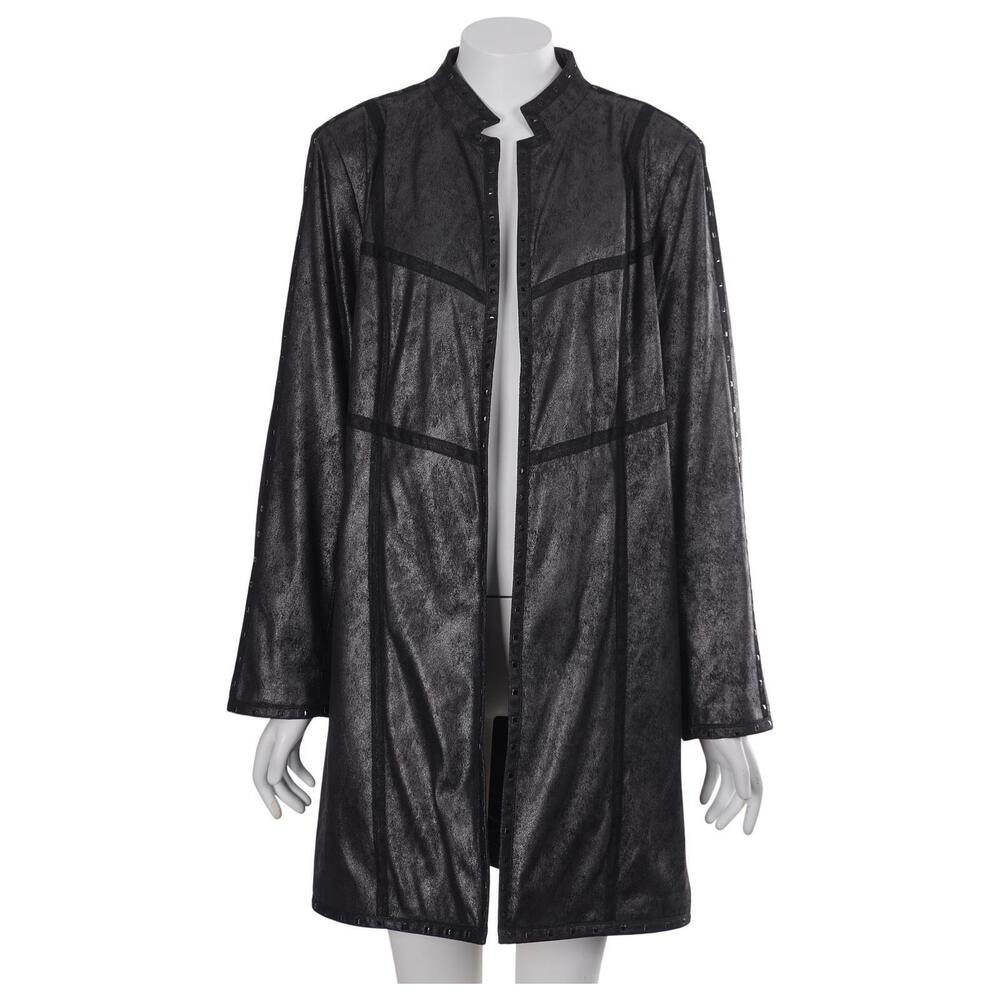 Chico's Topper Jacket 2/L Pewter Gray Sheen Open Front Studded Stand Collar